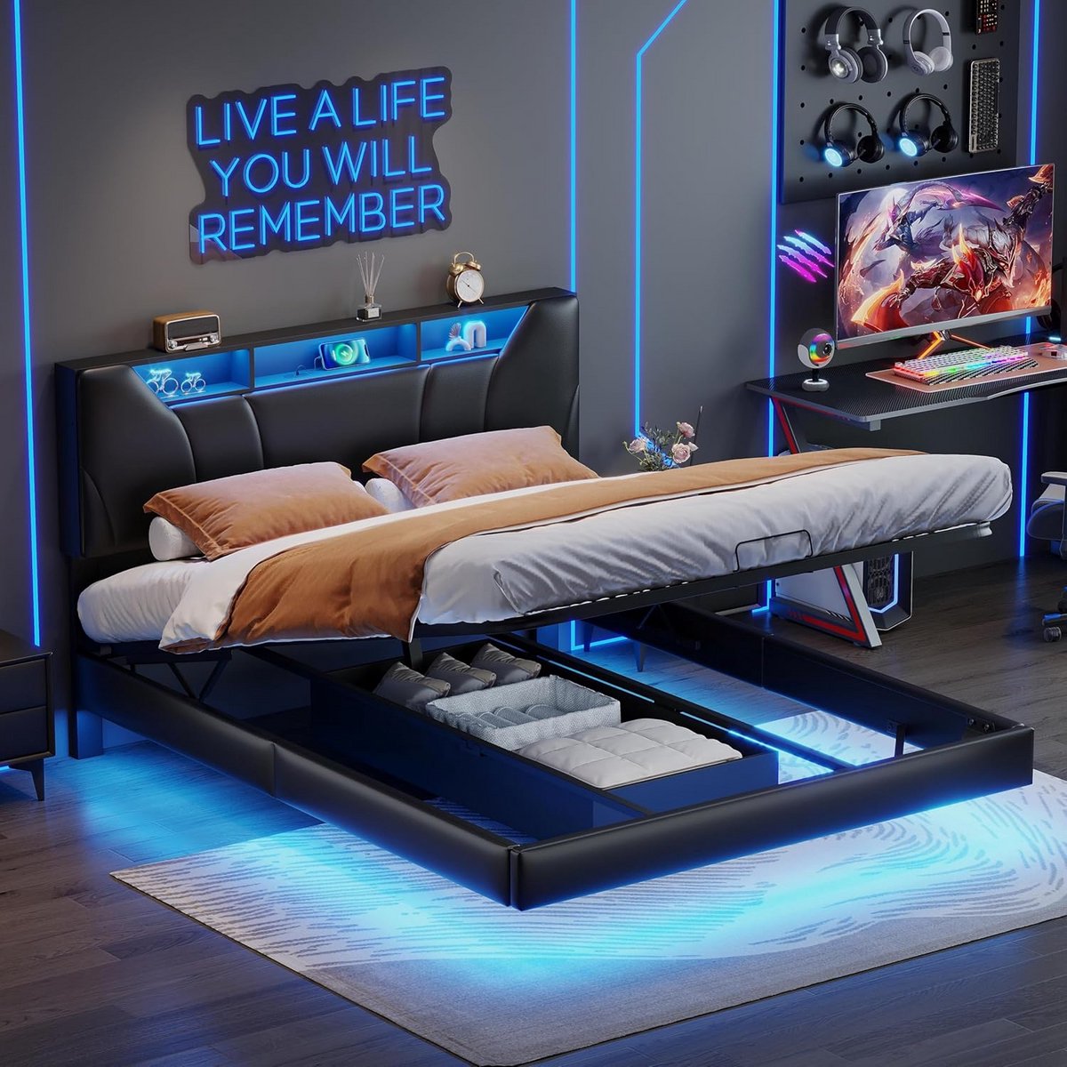 Tweepersoons opbergbed met hydraulische lift en lattenbodem, 140x200 cm