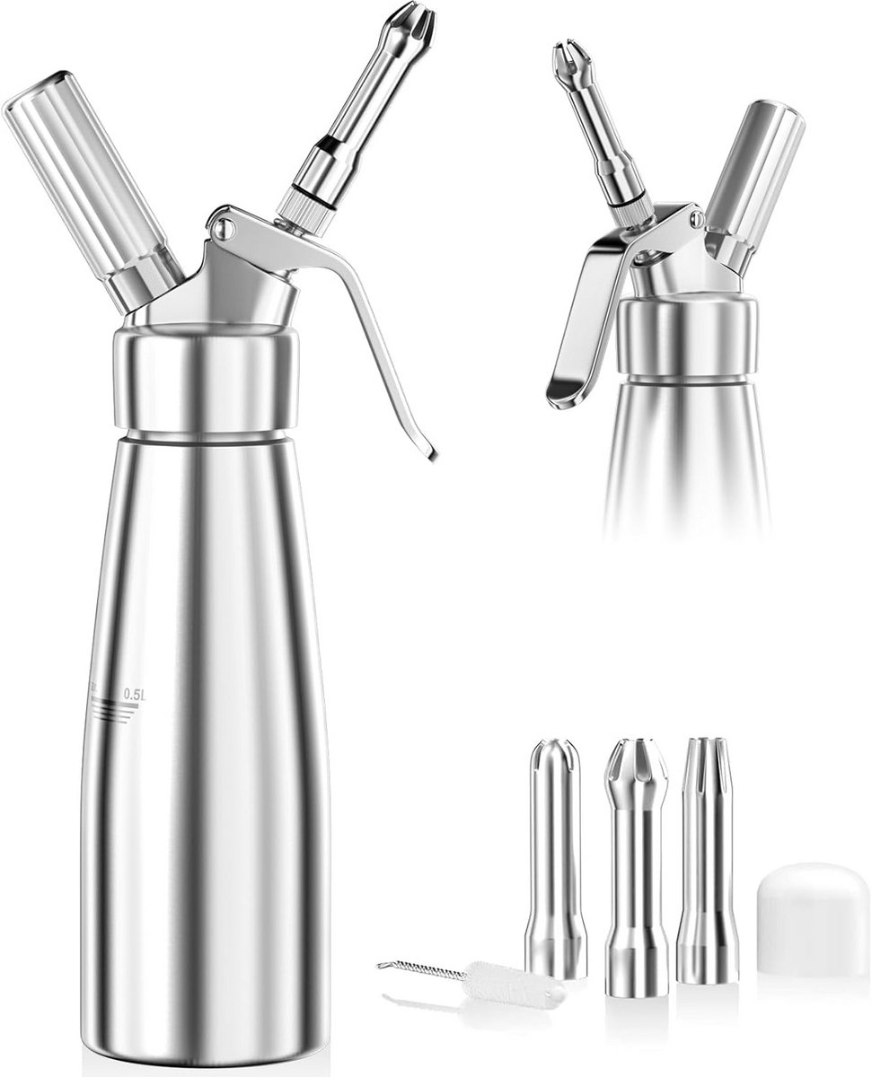 Slagsroomspuit 500 ml - Aluminium Melk Opschuimer met 3 Spuitmonden voor Taartdecoratie