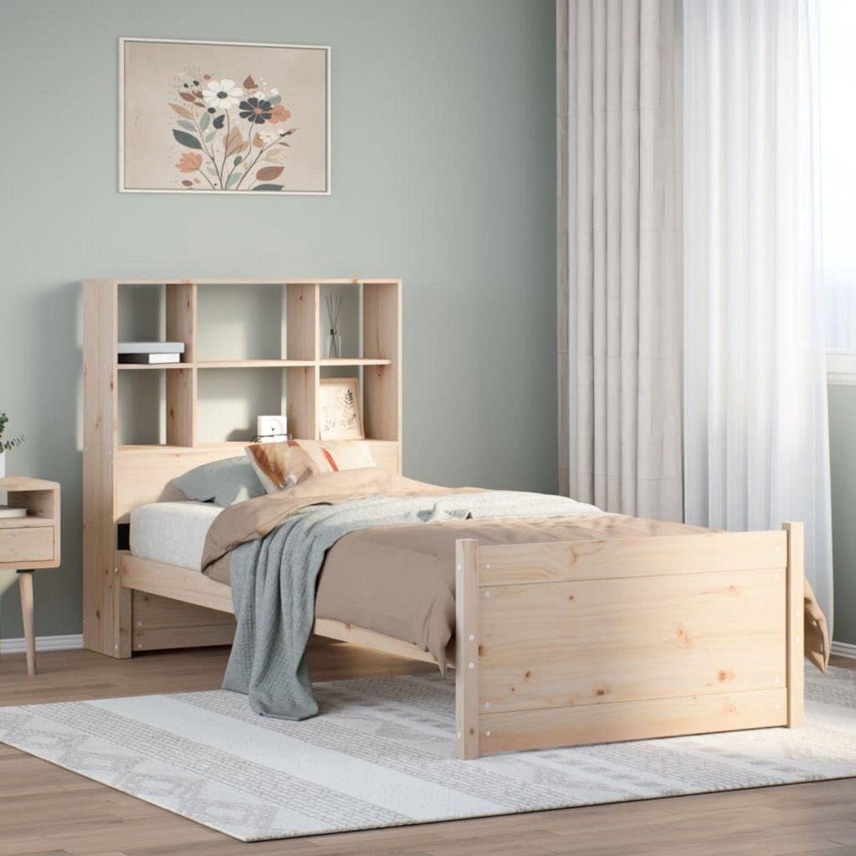 Eenpersoonsbed met Boekenkast - Houten Bedframe 90x200 cm - Incl. Opbergruimte