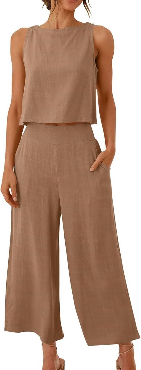 Zomer Set Dames: Mouwloze Cropped Top en Wijdvallende Linnen Broek met Zakken