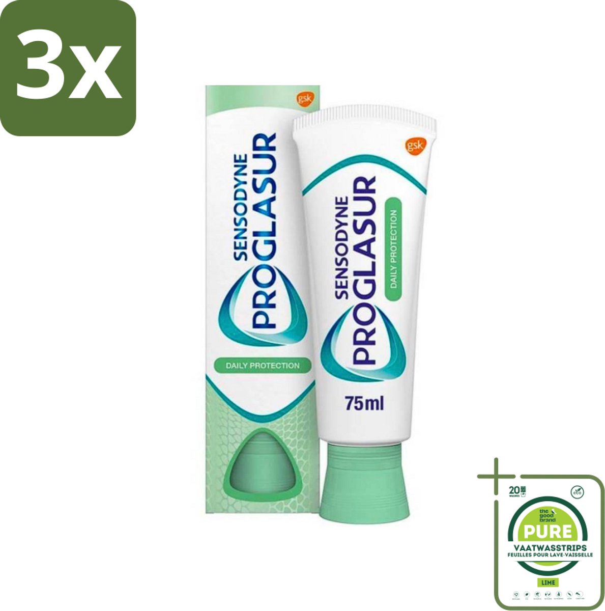 3 x Sensodyne - Tandpasta - Proglasur Daily Protection - Versterkt Glazuur - 75 ml - Grootverpakking - Tandglazuur Versterken - Tanderosie Voorkomen - Gevoelige Tanden - Fluoride Tandpasta - Tandpasta Voor Kwetsbaar Gebit