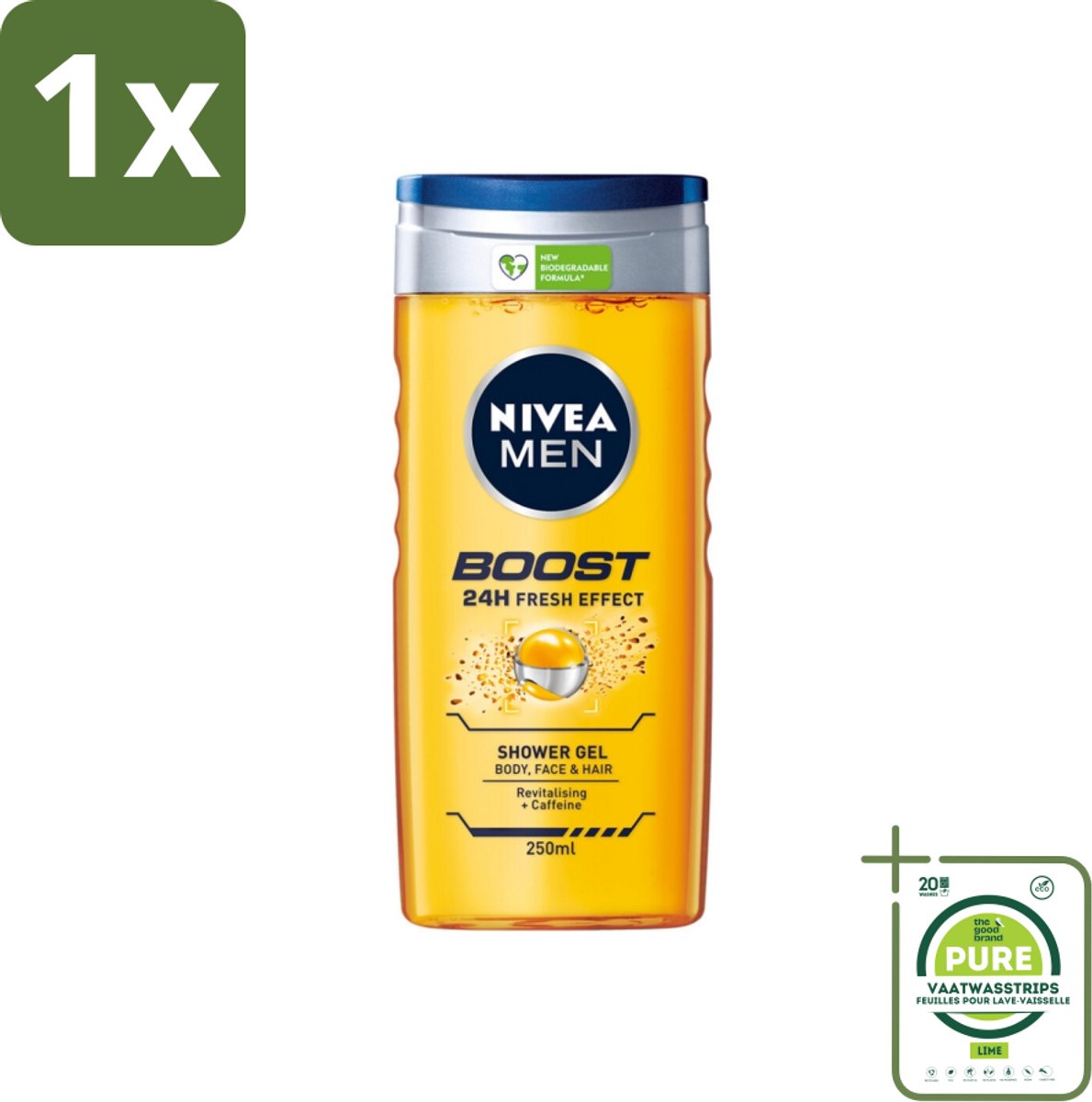1 x NIVEA Men Boost Douchegel 250 ml - NIVEA MEN - Douchegel - Cafeïne - Verfrissend - 24 Uur Fris