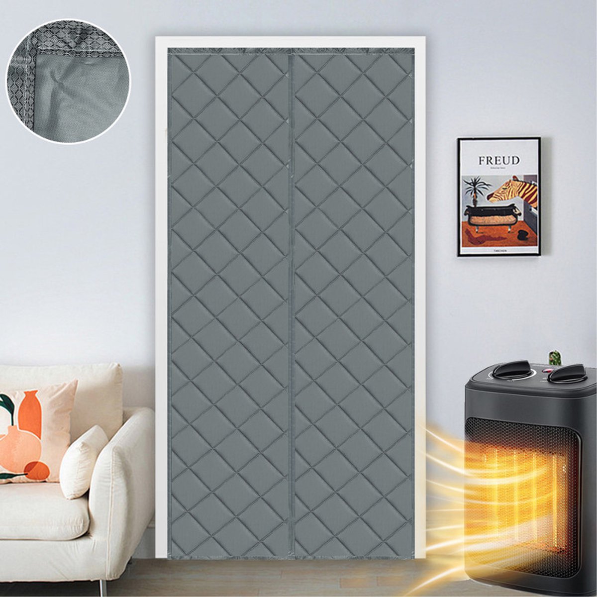 MUPOO Magnetisch Deurgordijn - Thermisch Isolerend & Tochtstopper - Zelfklevend - 540 GSM Polyester - Warmtewerend, Wind- en Lichtdicht - Gewatteerd - voor Thuis, Winkel of Restaurant(Grijs, B100xH210cm)