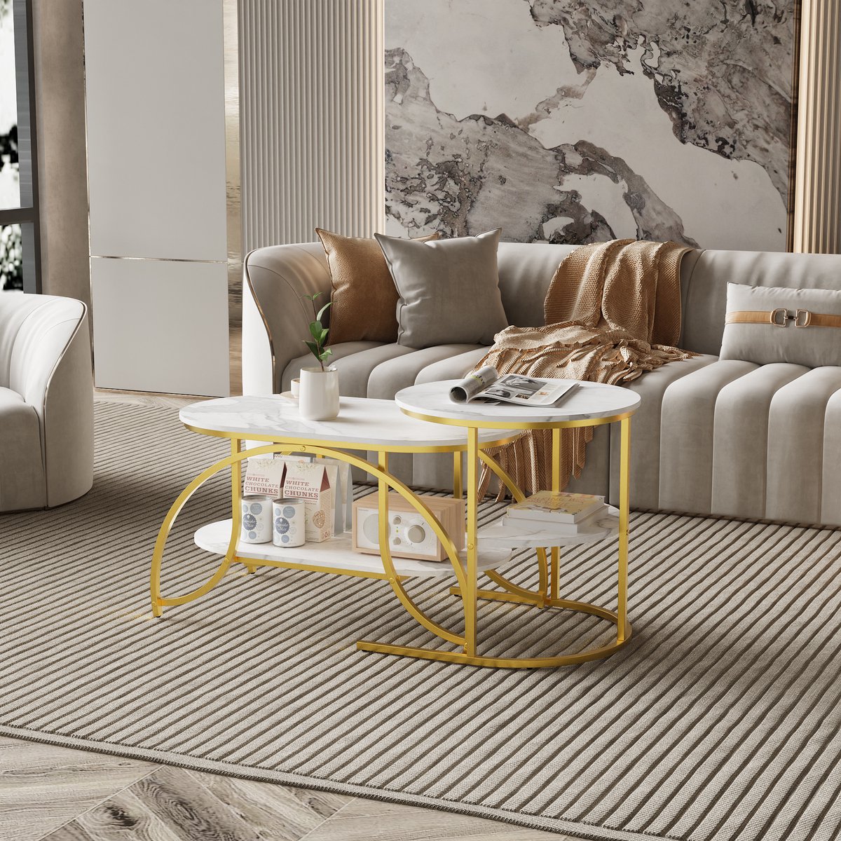 Nesttafels Set van 2 – Ovale en Ronde Salontafel & Bijzettafel – Design Metalen Frame – Marmerlook Tafelblad – Met Opbergruimte