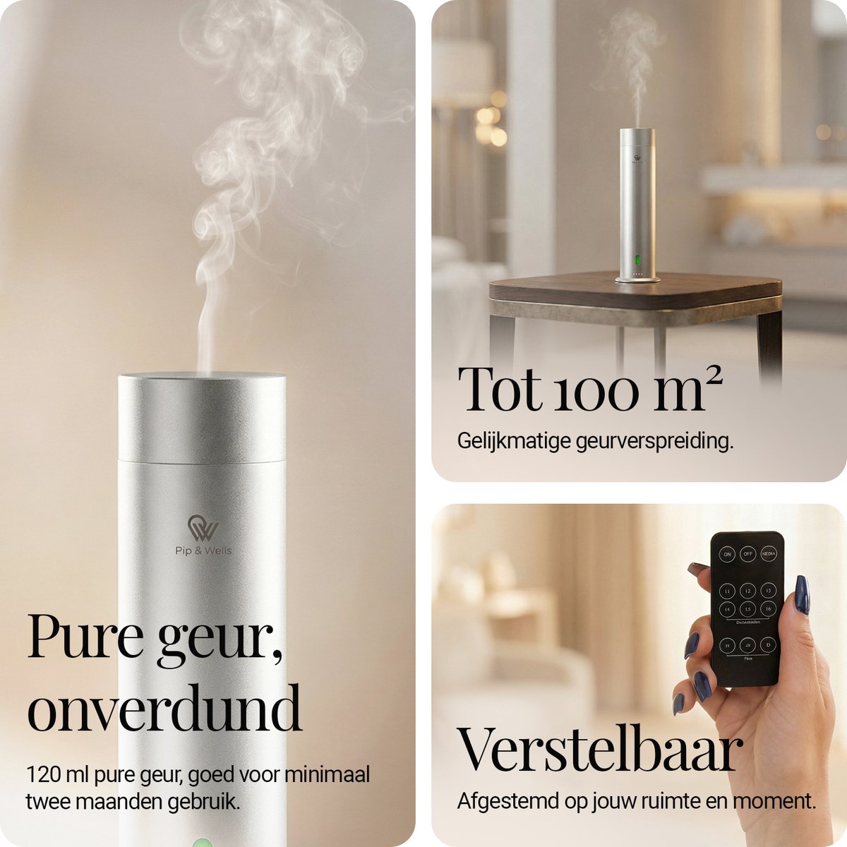 Pip & Wells® Pure One Aroma Diffuser – Waterloze Geurverspreider met 3 Hotelgeuren – Etherische Olie - 360ml – Mat Zilver - Inclusief Afstandsbediening & Oplader — cadeau in Wonen & Interieur - foto 3