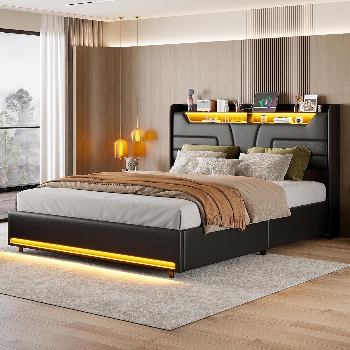 Tweepersoonsbed met opbergruimte en LED-verlichting, 160 x 200 cm