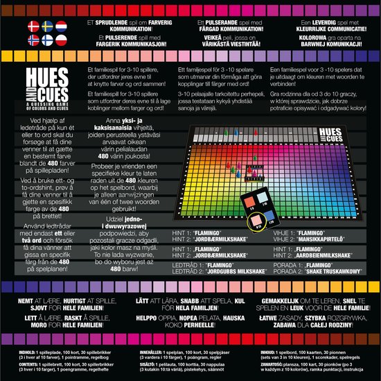 Instructieboekje HUES AND CUES met kleurenschema en spelvoorbeelden.  Verschillende talen, inclusief Nederlands en Frans.