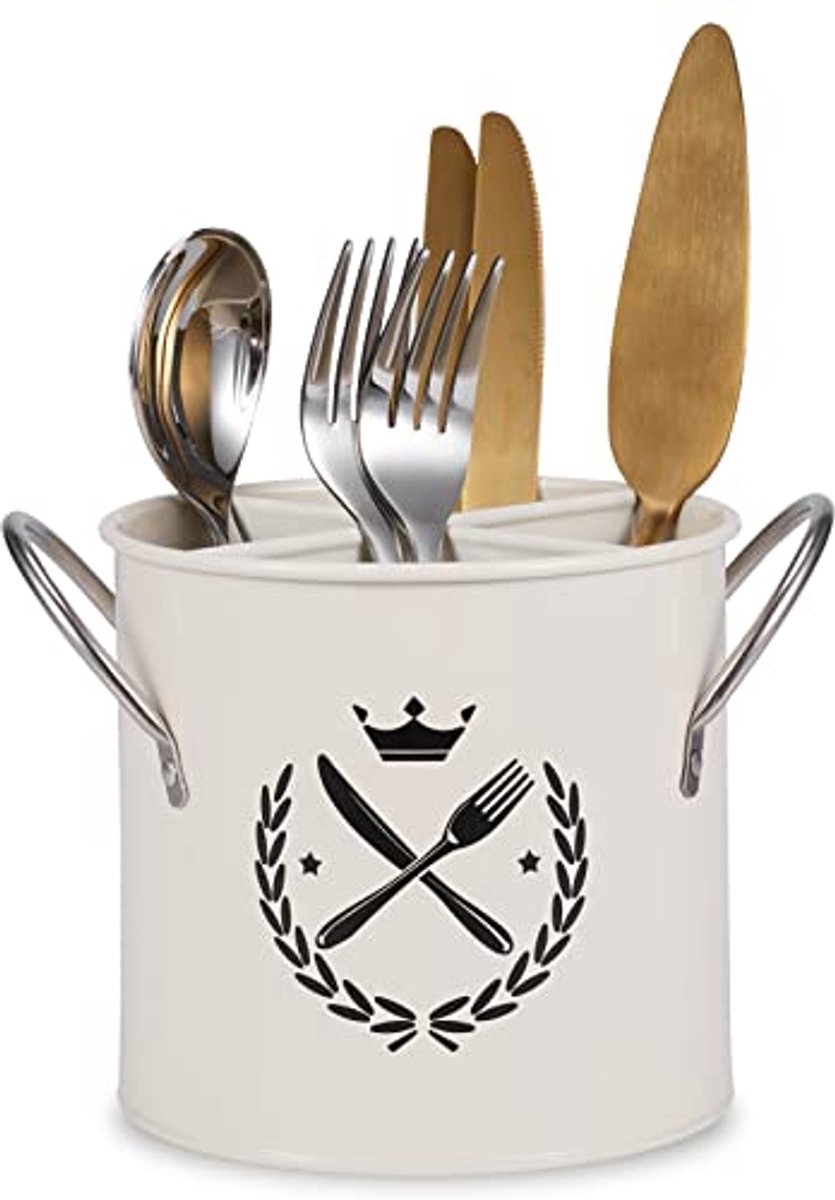 longziming -Keukengerei houder - Metalen Bestekhouder – Stijlvolle Witte Keukencaddy met Handgrepen en Compartimenten, Duurzaam en Decoratief voor Bestek en Keukengerei - 18.5*13,5*13CM