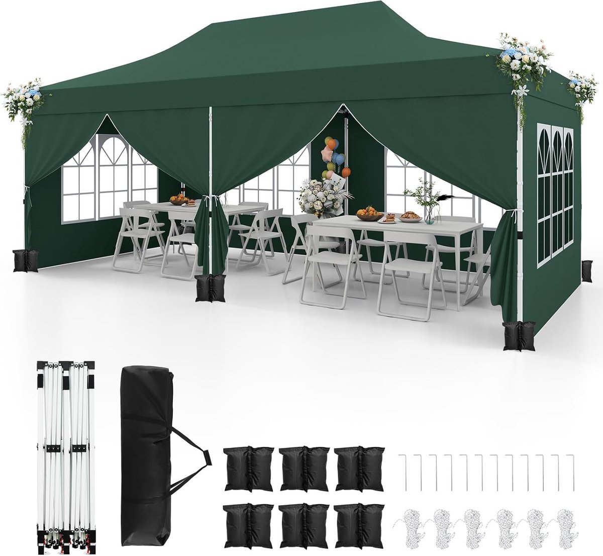 COSTWAY 3 x 6 m paviljoen, vouwpaviljoen met 6 afneembare zijwanden en zandzakken, waterafstotend, stabiel, winterbestendig, uv-bescherming 50+, partytent, tuinpaviljoen met draagtas, groen