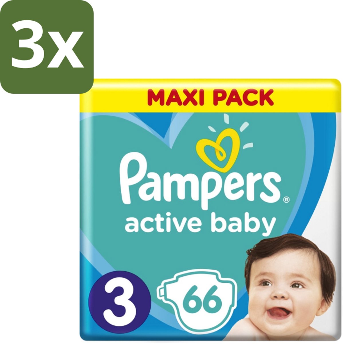 3 x Pampers – Luiers – Active Baby Dry Maat 3 – 66 Luiers - Baby Luier - Droge Luier - Vochtabsorptie - Superabsorberende Kern - Luier Voor Baby