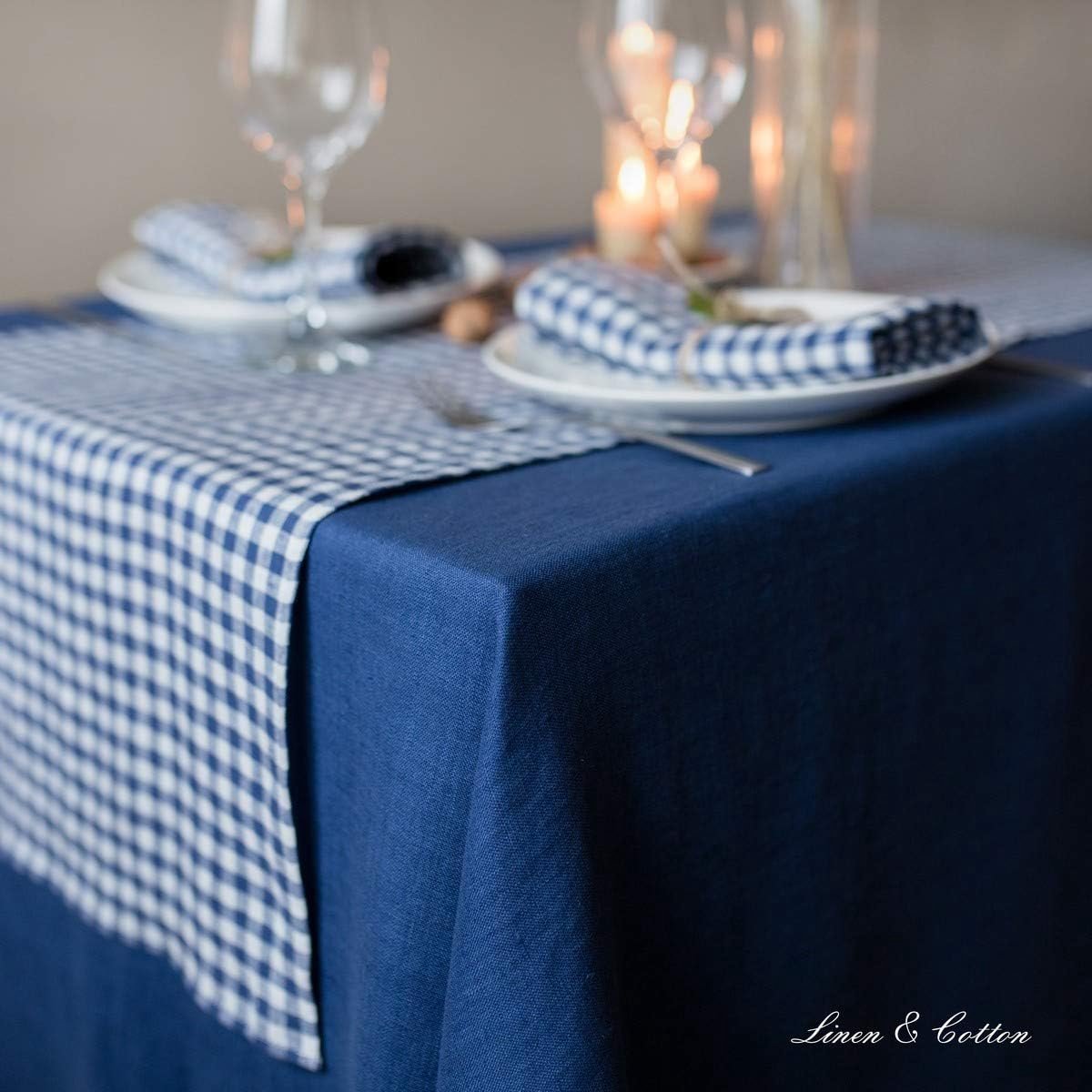Dikke Linnen Tafelkleed Vierkant 140x140 cm Donkerblauw Geschikt voor Keuken en Diner