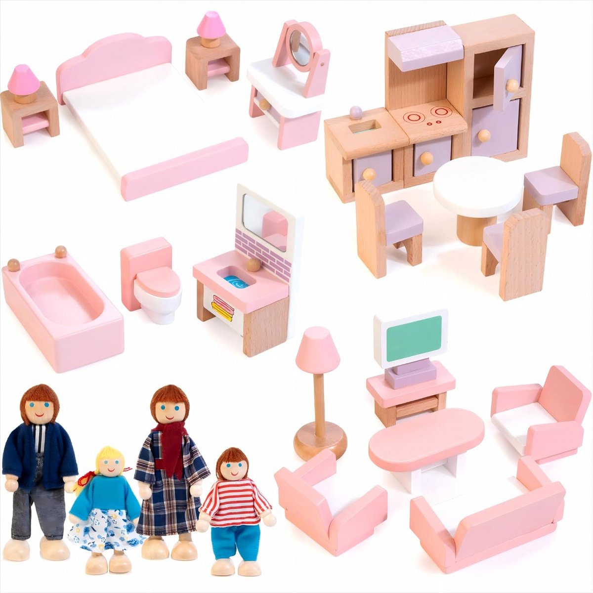 Houten Poppenhuis Meubels Set - 26 Delig Minatuur Accessoires en 4 Poppen