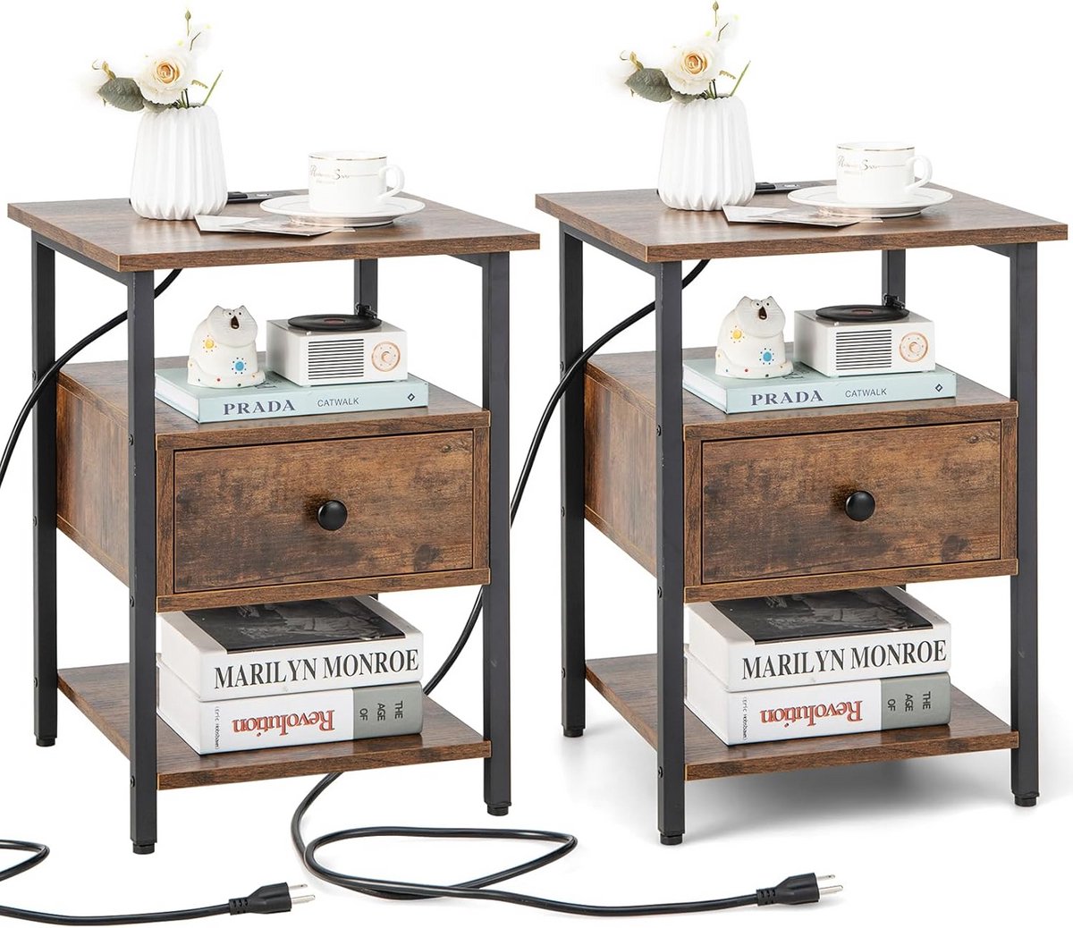 Set van 2 Nachtkastjes met Laadstation – 2 Stopcontacten, USB & Type-C – Rustiek Bruin