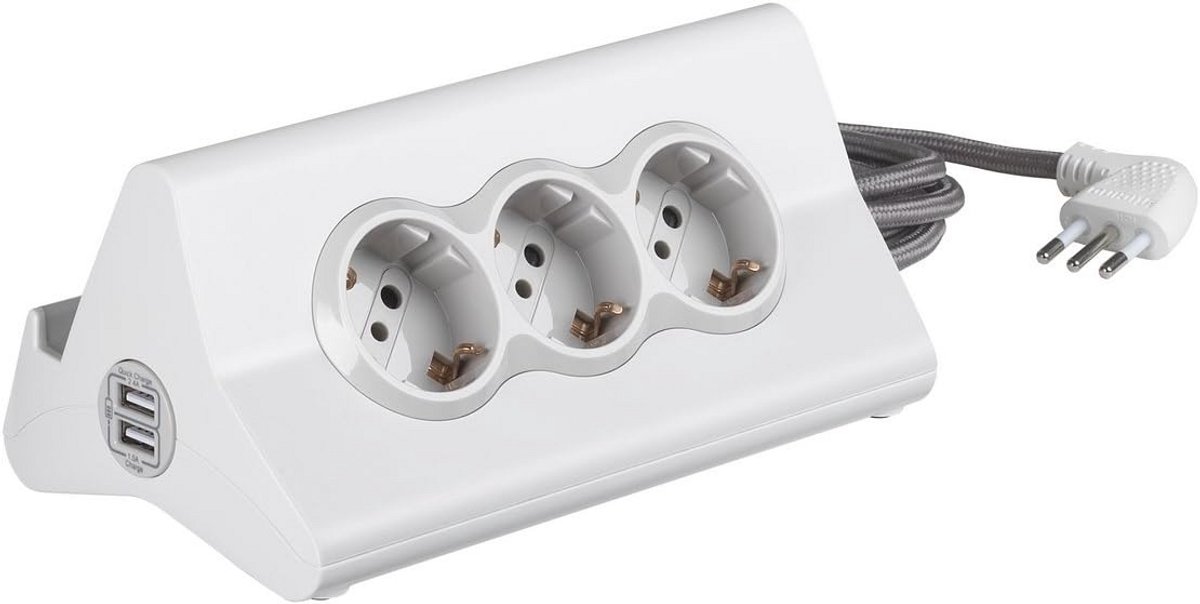 Stekkerblok met 3 Stopcontacten en 2 USB-Poorten voor Bureau - Wit