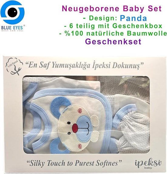 Doos met babykleding set, met opschrift 'Neugeborene Baby Set' en 'Blue Eyes'.