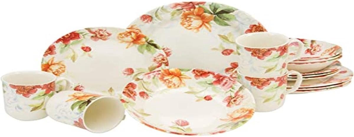 Servies Set 16-Delig Steenوع aardewerk Rood Bloemenpatroon