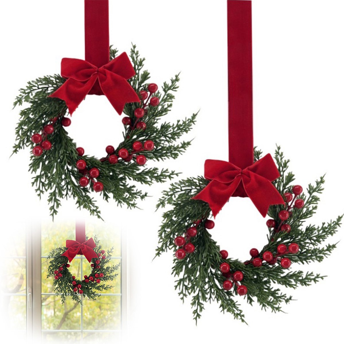 Kerstkrans - Krans - Dennentakken en fluweel - Decoratie voor binnen en buiten - Kerstversiering - 26 cm - Rood en groen kleurenschema