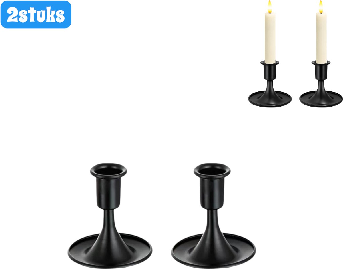 SWGOTA Kandelaar - Metalen Trompet - Vintage Kandelaar - Voor Romantisch Diner - Europese Stijl - Woondecoratie - Zwart - Tweedelige Set