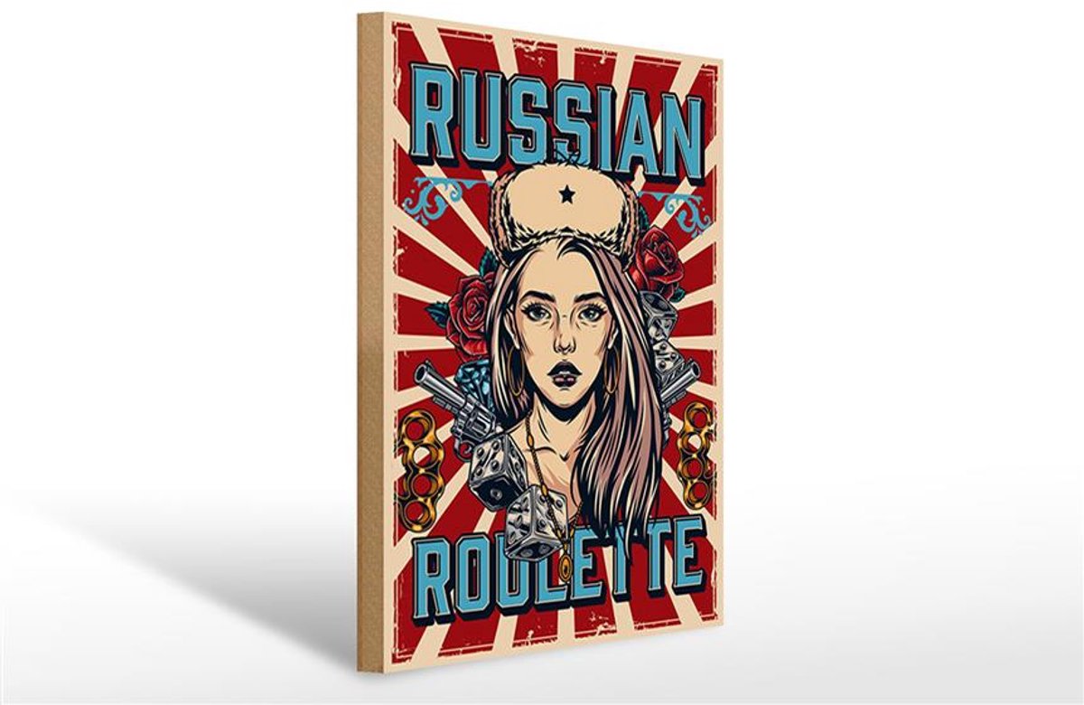 Holzschild Pinup 30x40cm russian roulette