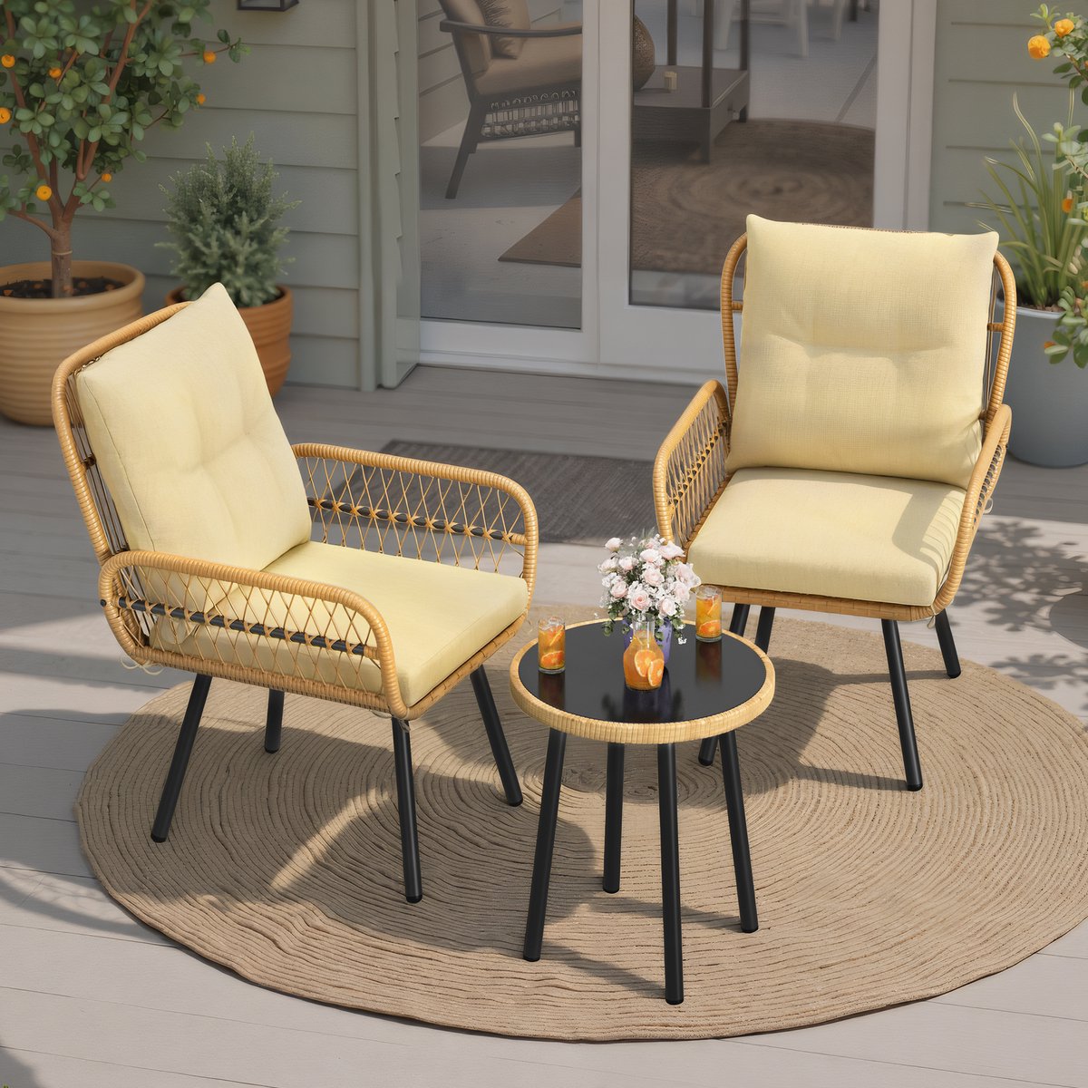 Bealife WR213 Tuinset Maaltijd voor 2 - Twee ligstoelen met bijzettafel - Gestoffeerde Weerbestendige Stoelen - Beige