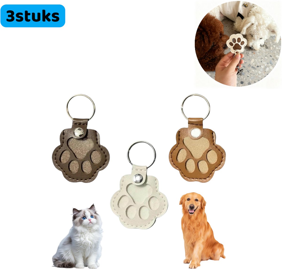 3 stuks - Sleutelhanger - Sleutelhanger voor huisdieren - Leer - Hanger - Voor het bewaren van huisdierharen - Ideaal voor dierenliefhebbers - Diverse kleuren