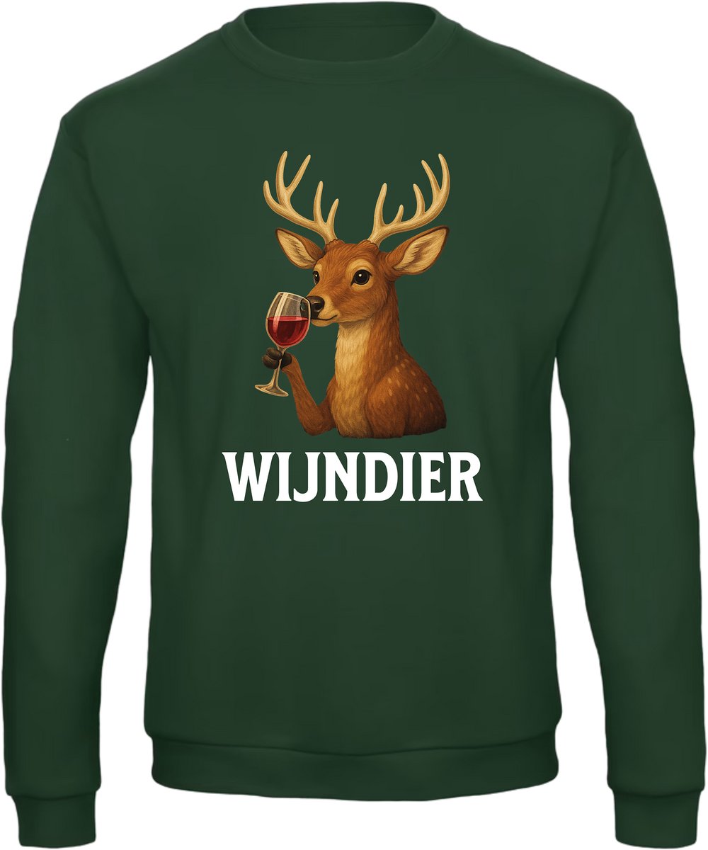 Wijndier Kersttrui - Dames Heren - Unisex - Kerst Cadeau - Wijn - Grappig - Foute Kersttrui - Donkergroen - Maat S