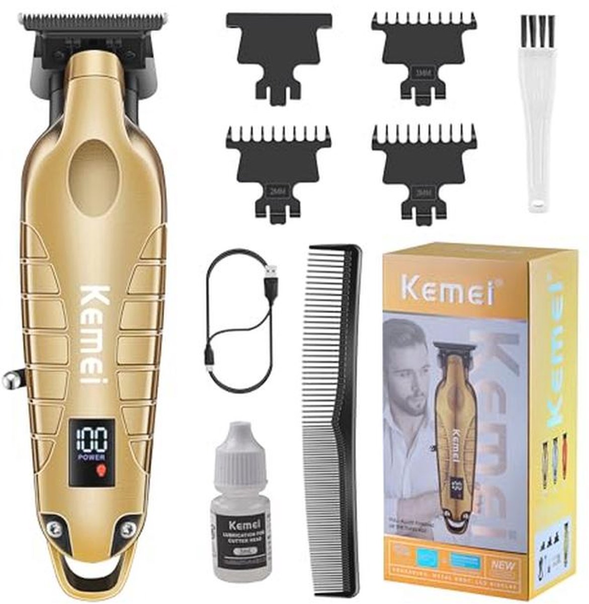 Professionele haar- en baardtrimmer voor mannen, snoerloze tondeuse, goudkleurig, Zero Gapped