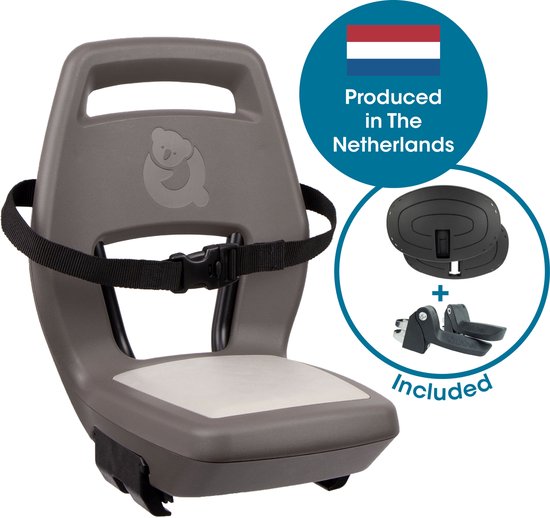 Siège de vélo Qibbel brun noisette avec logo koala, avec drapeau néerlandais et "Produced in The Netherlands". Repose-pieds inclus.