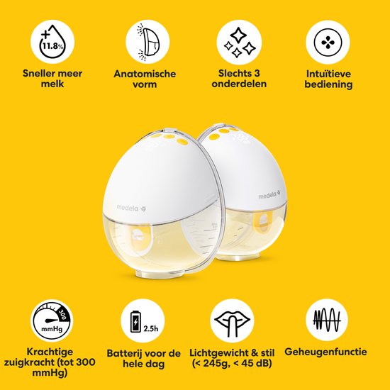 Twee witte Medela borstkolven met gele accenten en melk in de fles.