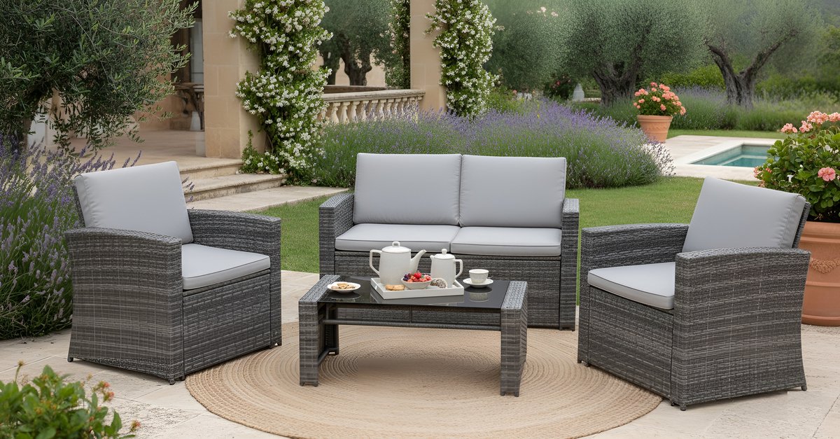 Polyrotan Lounge Tuinmeubelset 12-Delig – Weerbestendige Outdoor Loungeset met Bank, Stoelen & Tafel – Grijs/Lichtgrijs – 122×70×76 cm – Luxe Tuinset voor 4 Personen – Altameubel