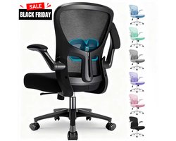 Durrafy Bureaustoel - Ergonomische Bureaustoel - Bureaustoelen voor Volwassenen - Office Chair - met Lendensteun & 90° Opklapbare Armleuningen | Verdikt en Verbreed Zitkussen | Hoogteverstelling - Stoel Tot 150kg - Zwart