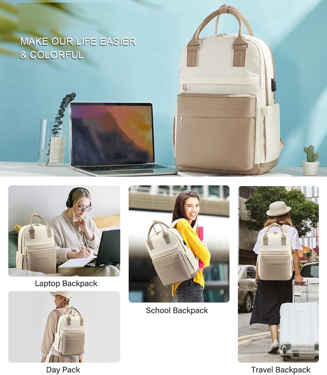 Rugzak Voor Dames - Rugtas - Grote 40l Reistas Met Laptopvak - Comfortabele Schoolrugzak Voor School Universiteit En Dagelijks Reizen - Ruime Waterafstotende Backpack In Beige – foto 8