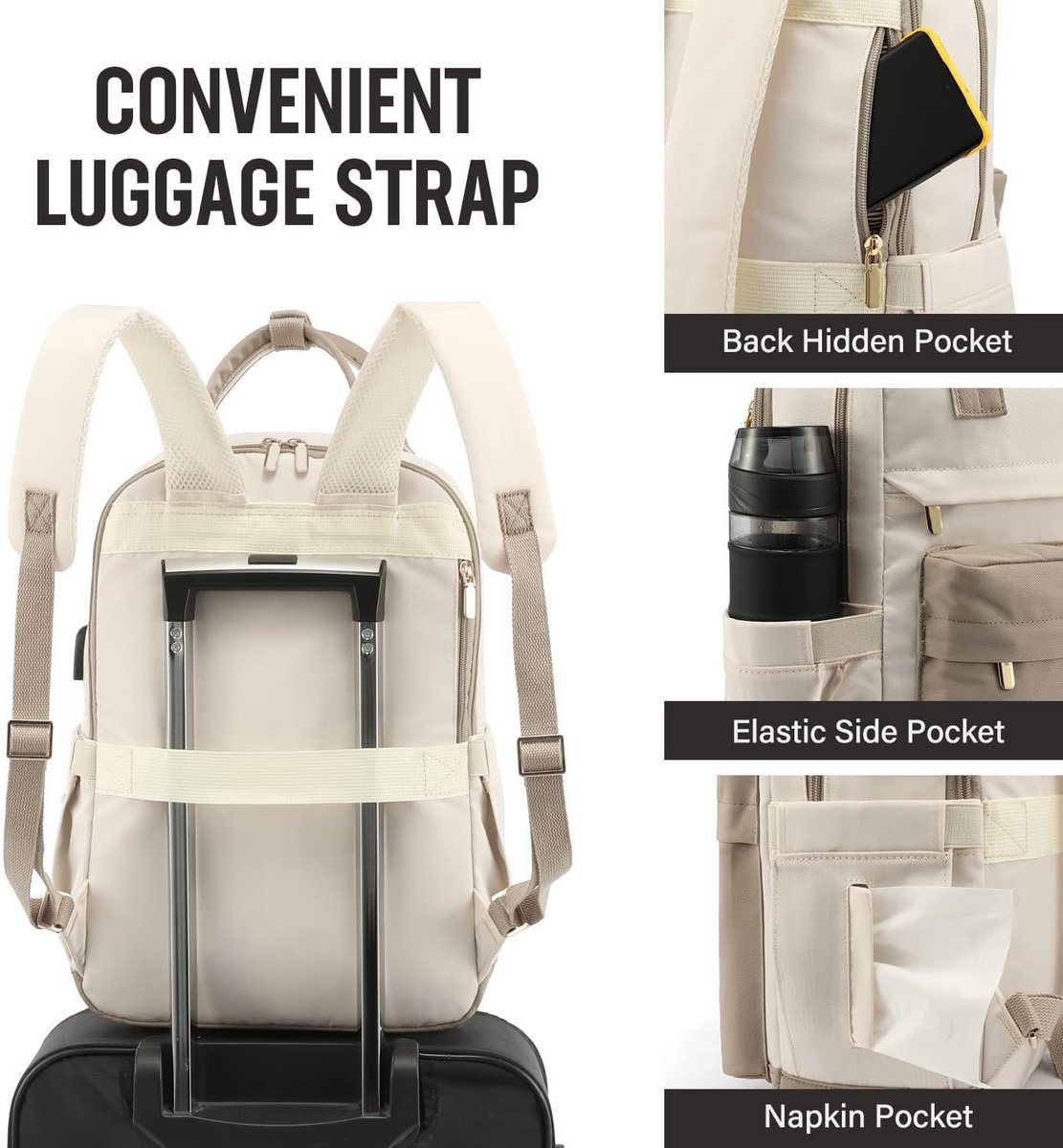 Rugzak Voor Dames - Rugtas - Grote 40l Reistas Met Laptopvak - Comfortabele Schoolrugzak Voor School Universiteit En Dagelijks Reizen - Ruime Waterafstotende Backpack In Beige – foto 2