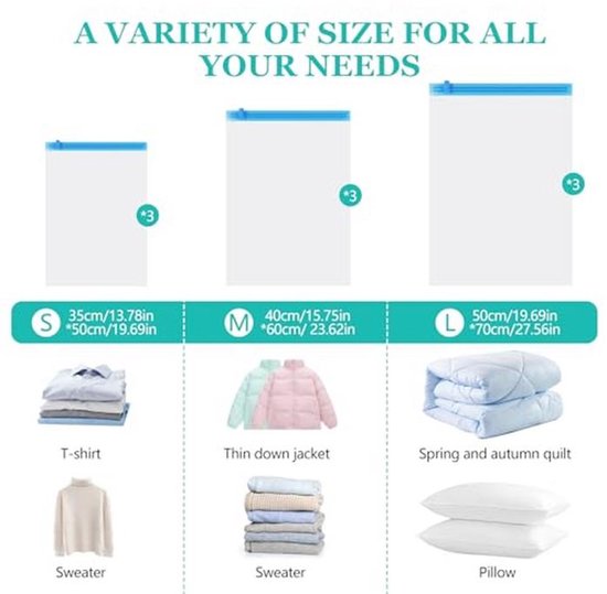 Cozary 9 stuks vacuümzakken voor kleding, reizen, compressiezakken om op te rollen in 3 maten (35 x 50/40 x 60/50 x 70 elk 3 stuks), rol-compressiezakken zonder pomp, voor koffer, rugzak — afbeelding 5