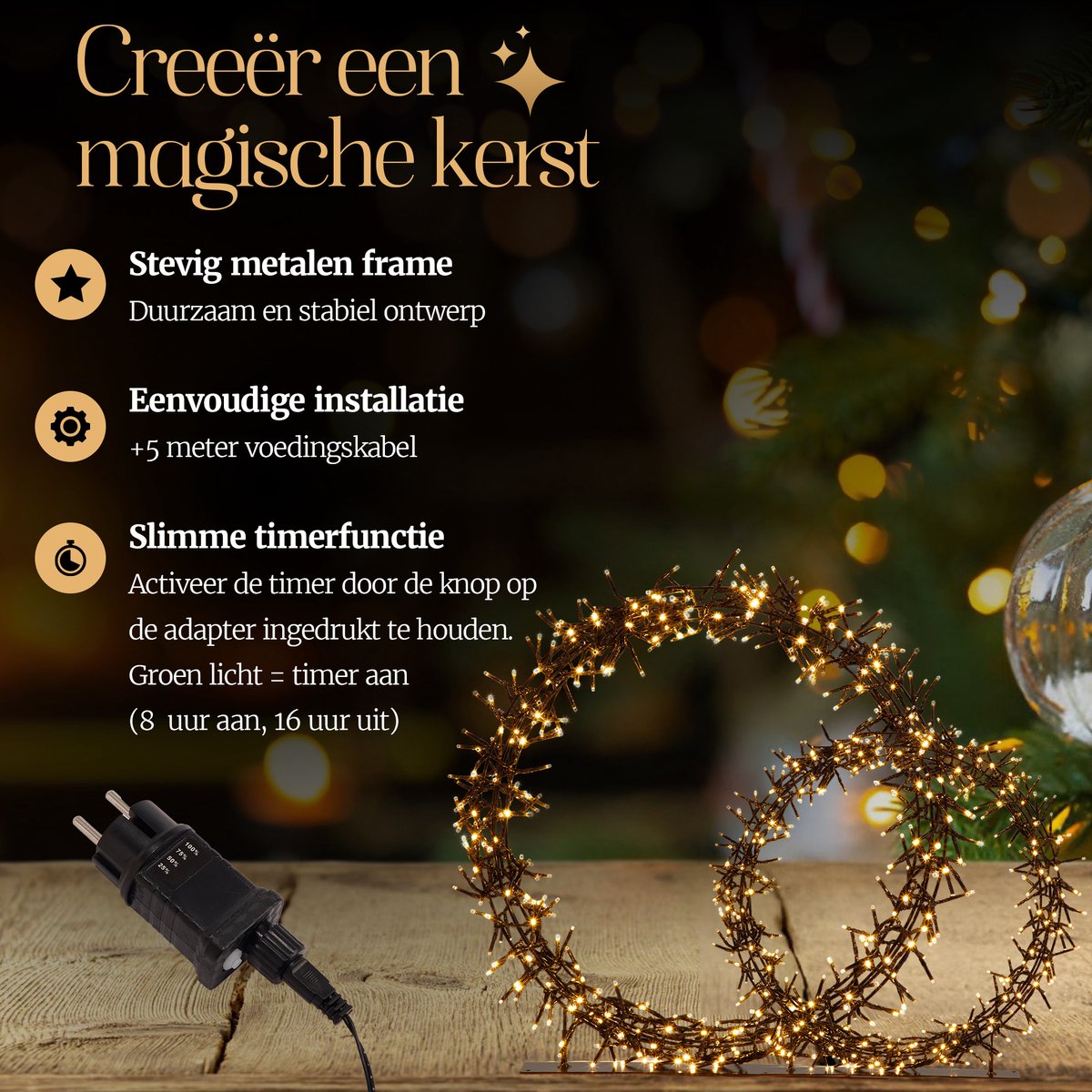 Meisterhome® 2 delige set LED Kerstkrans met standaard – Ø30 & Ø45 cm – 280 & 440 LEDS - IP44 - Warm wit - Kerstverlichting voor binnen en buiten - Timer & dimmer - Verlichting - Kerstversiering – Kerstdecoratie - Verlichte kerstkrans – foto 8