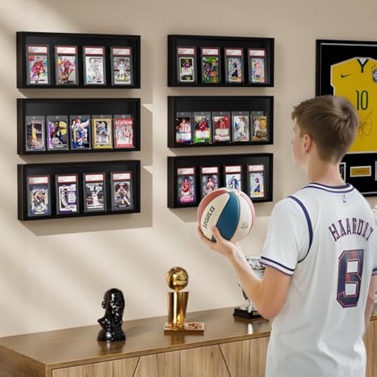 Verzamelkaarten vitrinekast, houten kaartendisplay frame wandhouder