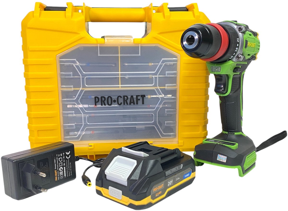 Procraft PA18ProDFR2-1B-C accuboormachine 20 V 30 Nm borstelloos + 1x accu 2,0 Ah + oplader + 13-delige bitset + koffer
