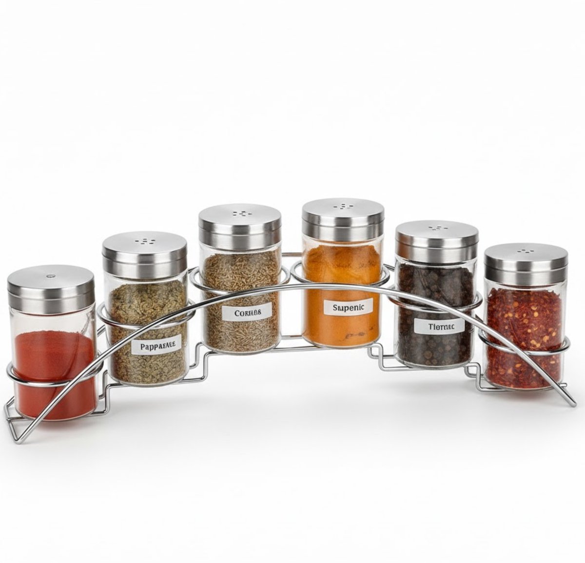Lomera Kruidenrek met Glazen Potjes – RVS en Glas – 6 Kruidenpotjes – Kruiden Binnen Handbereik – Keuken Organizer – Kruidenrekje – Draaideksel – Strooigaten – Zonder Kruiden – Keukenaccessoires – Kruiden Opbergen – Kruiden Set