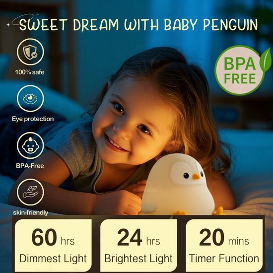 Pinguïn nachtlampje voor kinderen - Oplaadbaar pinguïnontwerp - Siliconenmateriaal van voedingskwaliteit - Dimmen met aanraakbediening - Grijs pinguïnontwerp - Perfecte dierendecoratie voor de babykamer - Schoencadeautjes sinterklaas van Merkloos — afbeelding 3