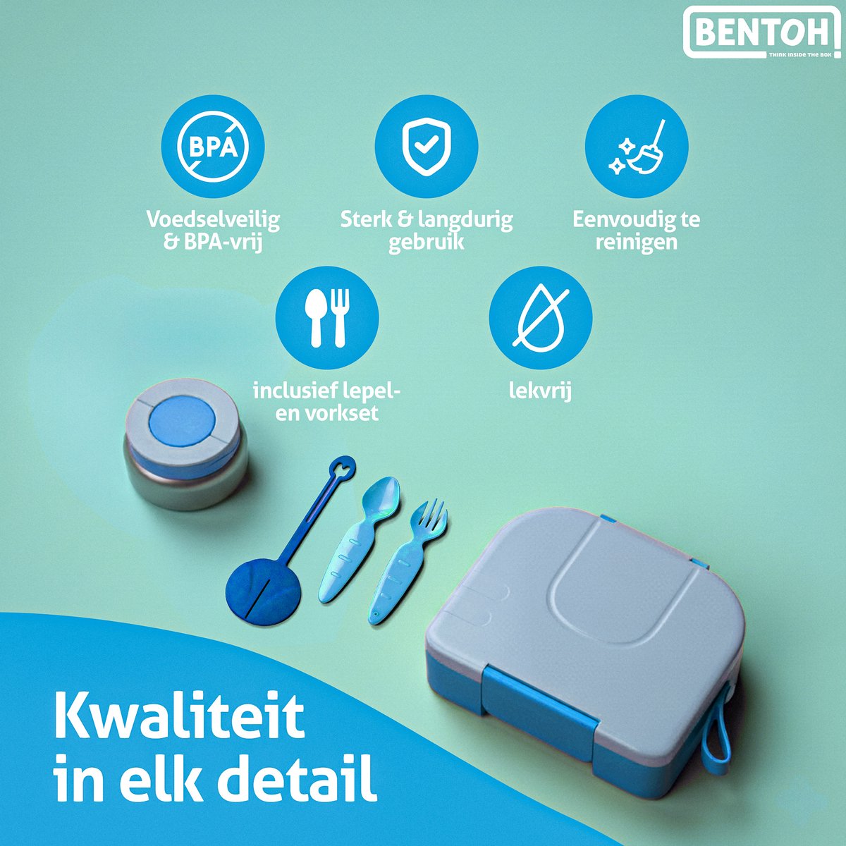 BentOH! Bento Box Kinderen & Volwassenen - Blauw – Lekvrije Lunchbox met Vakverdeling – Magnetron- & Vaatwasserbestendig – Inclusief lepelset — afbeelding 3