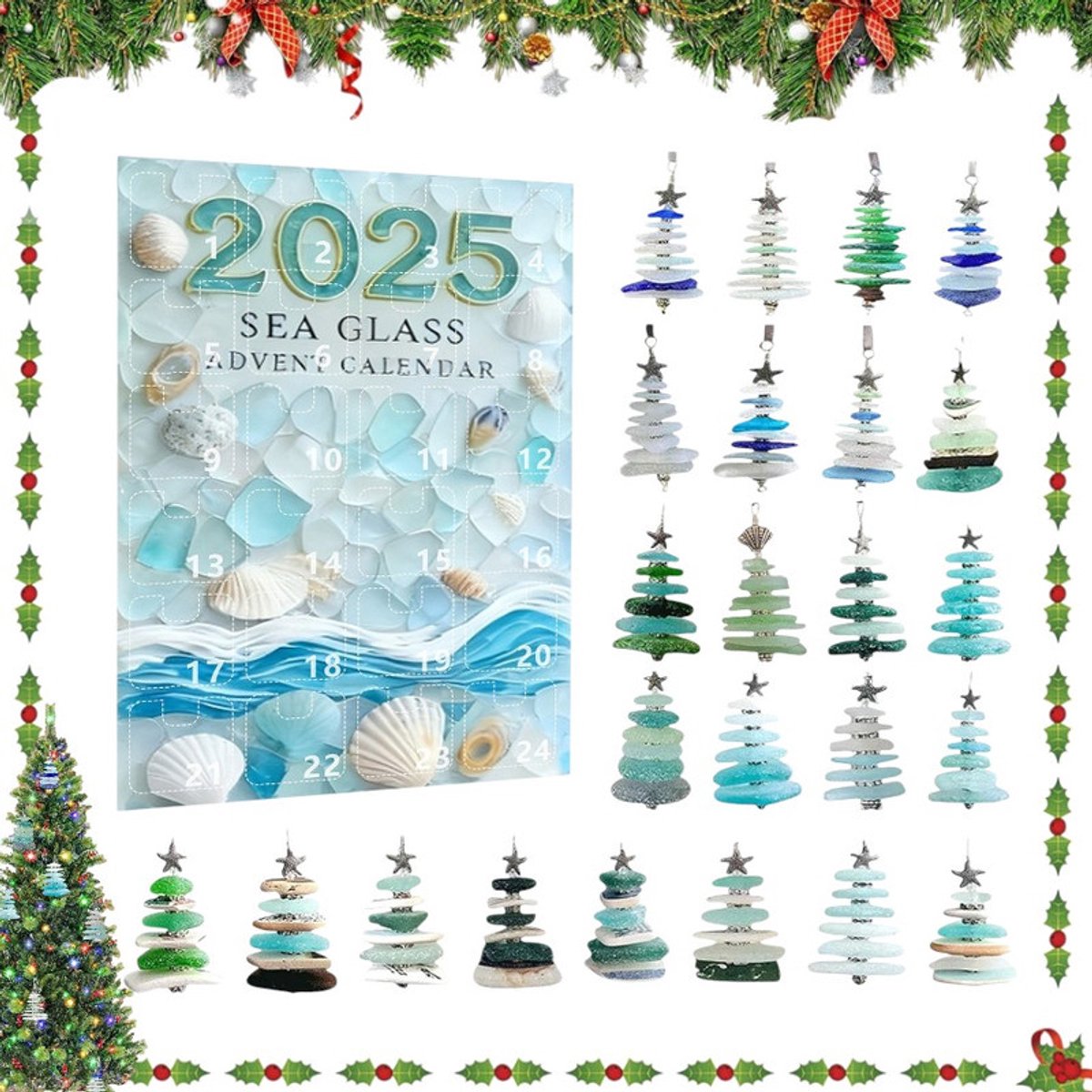 2025 Zeeglas Kerstboom Aftelkalender Blinde Doos - Zeeglas Stijl Kerstboom Ornamenten - Acryl Kerstboom Hangers - Blauw - Zeeglas Beker Kerstboom Adventskalender - Mini Zeeglas Kerstboom Decoraties - Oceaan Thema Aftelkalender