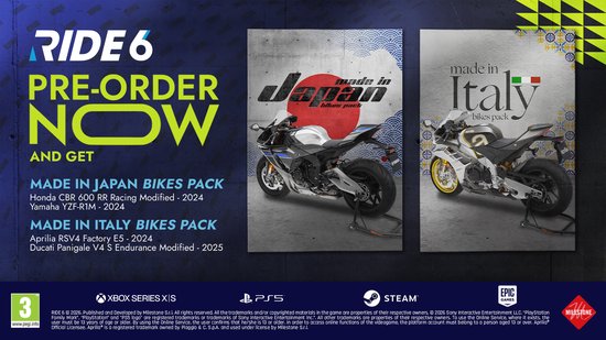 Box art voor RIDE 6 met motoren en tekst over 'Made in Japan/Italy' packs.
