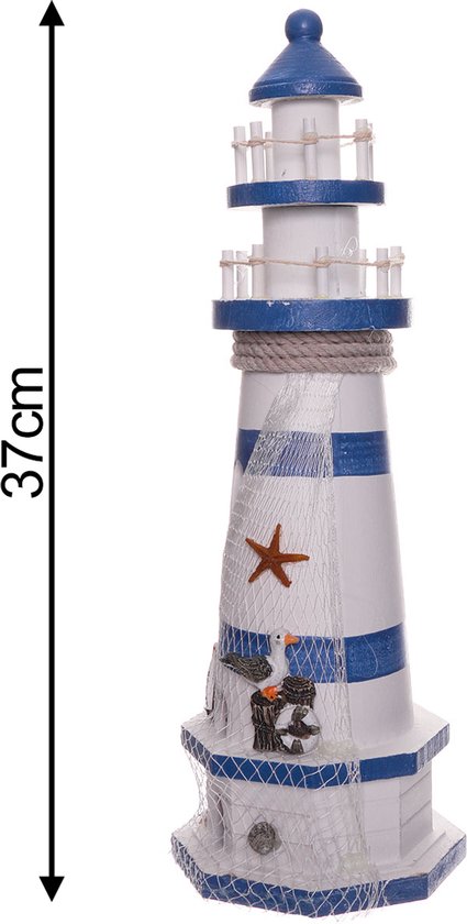 Houten Decoratie Vuurtoren – 37 cm – Maritiem & Strand Thema – Blauw/Wit – Met Schelpen, Net & Meeuw – Nautische Woondecoratie