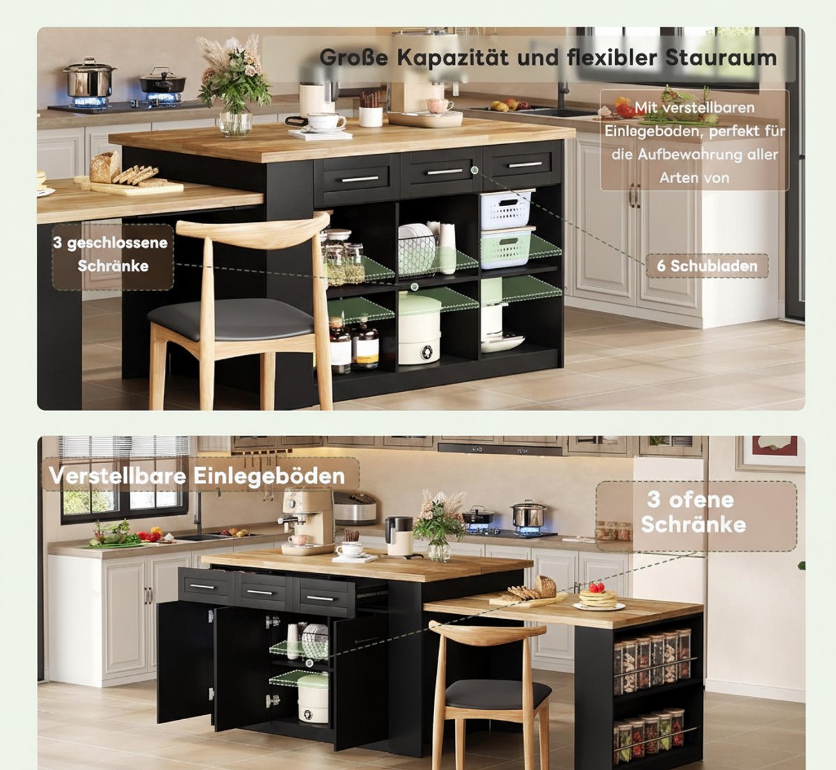 Multifunctioneel Keukeneiland met Uitschuifbare Eettafel 150+96 cm – XXL Opbergruimte met 6 Lades, Kruidenrek & Dik Werkblad – Moderne Keukentafel & Kookstation – Zwart/Naturel – Novihome
