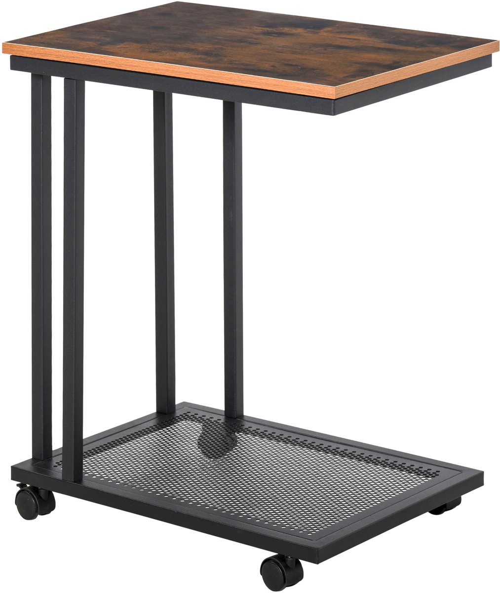 MODFU C-vorm Bijzettafel Rollend, Houten Blad en Metalen Frame, Zwart Walnoot, 51x36x65 cm, Voor Woonkamer & Keuken