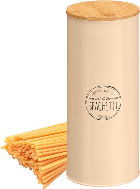 Pot à pâtes OTIX - Beige - bocal de rangement - Pâtes - Boîte de rangement - Métal - avec couvercle en bambou VIRGO