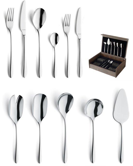 Amefa Cuba - 78-delige bestekset - voor 12 personen - hoogglans - zilverkleurig - in luxe houten kist