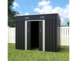 Metalen tuinhuisje (5,6 m3) antraciet breed klein berging schuur HxBxD: 182x238x131cm