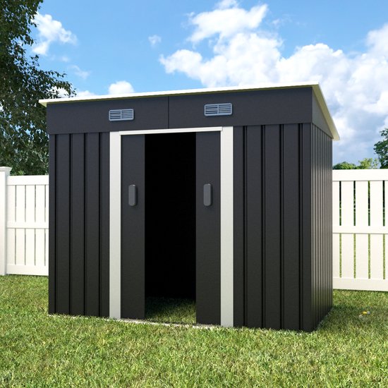 Metalen tuinhuisje (5,6 m3) antraciet breed klein berging schuur HxBxD: 182x238x131cm