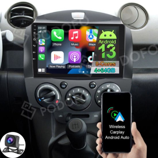 Autoradio - 9-inch Android 15-systeem, compatibel met CarPlay en GPS, 4GB+64GB, FM/RDS-tuning, SWC-split-screen mirroring, Bluetooth- en wifi-functionaliteit, geschikt voor Mazda 2-modellen van 2007-2013.